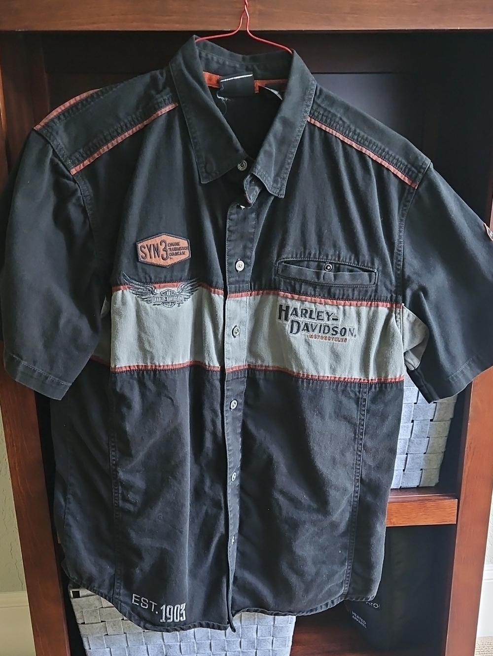 Harley-Davidson Black and Gray Short-Sleeve Button-Down Shirt with Orange Trim